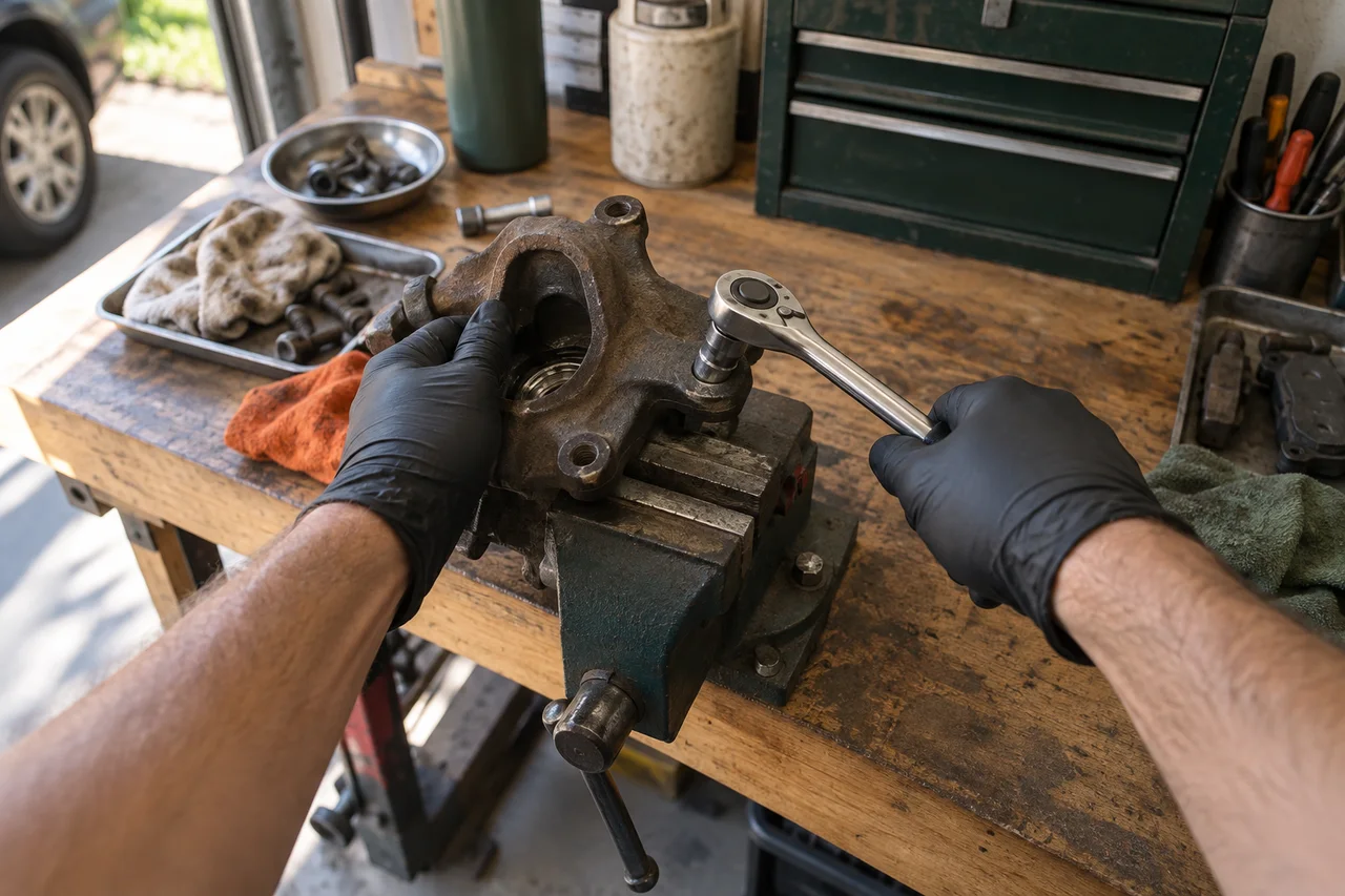 First-person illustration: gloved hands repair an automotive component at a workbench.