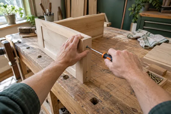 First-person illustration: hands assemble a wooden cabinet with a screwdriver.