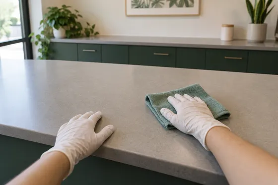 First-person illustration: gloved hands wipe a commercial counter with a cloth.