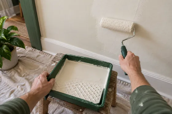 First-person illustration: hands use a paint roller and tray during an interior renovation.