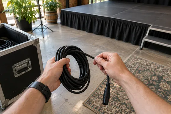 First-person illustration: hands coil an audio cable beside an empty stage.