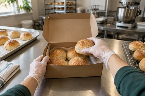 First-person illustration: food-safe gloved hands pack baked rolls into a box.