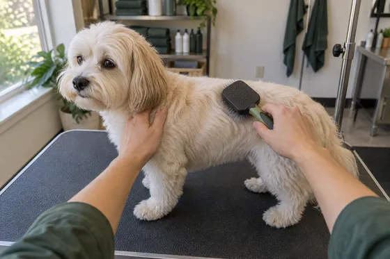 First-person illustration: hands gently brush a dog at a grooming table.