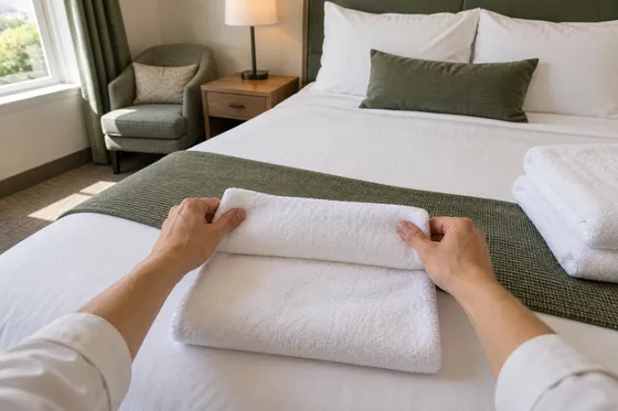 First-person illustration: hands fold a fresh towel on a hotel bed.