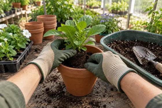First-person illustration: gloved hands pot a plant at a greenhouse workbench.