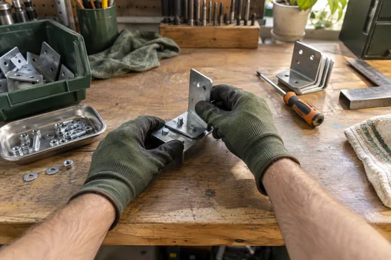 First-person illustration: gloved hands assemble a metal bracket.