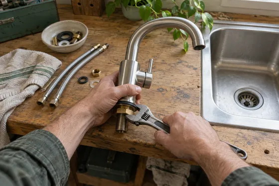 First-person illustration: hands assemble a faucet beside a sink.