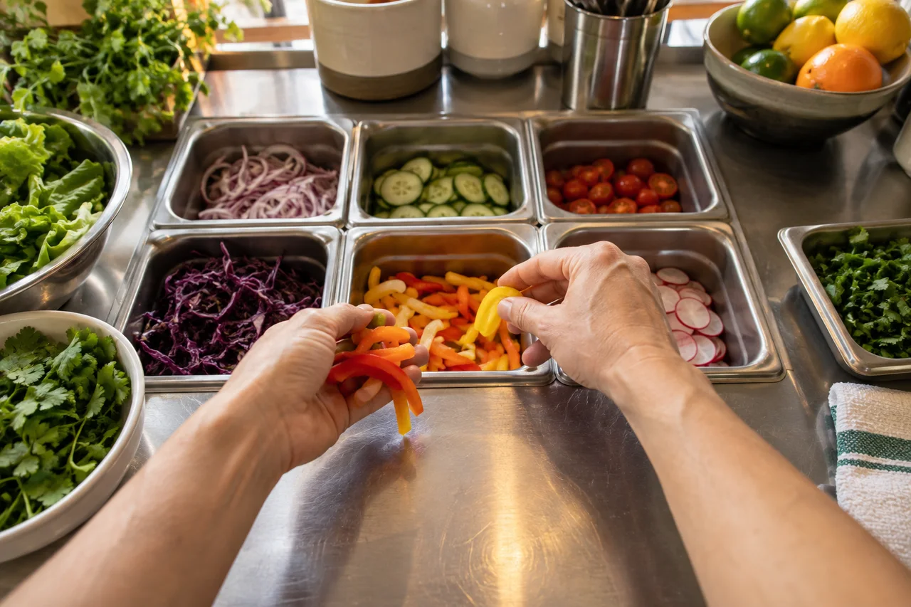 First-person illustration: hands arrange vegetables at a commercial kitchen prep station.