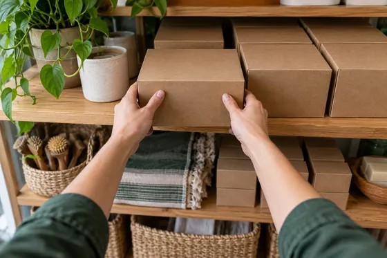 First-person illustration: hands restock packaged goods on a store shelf.