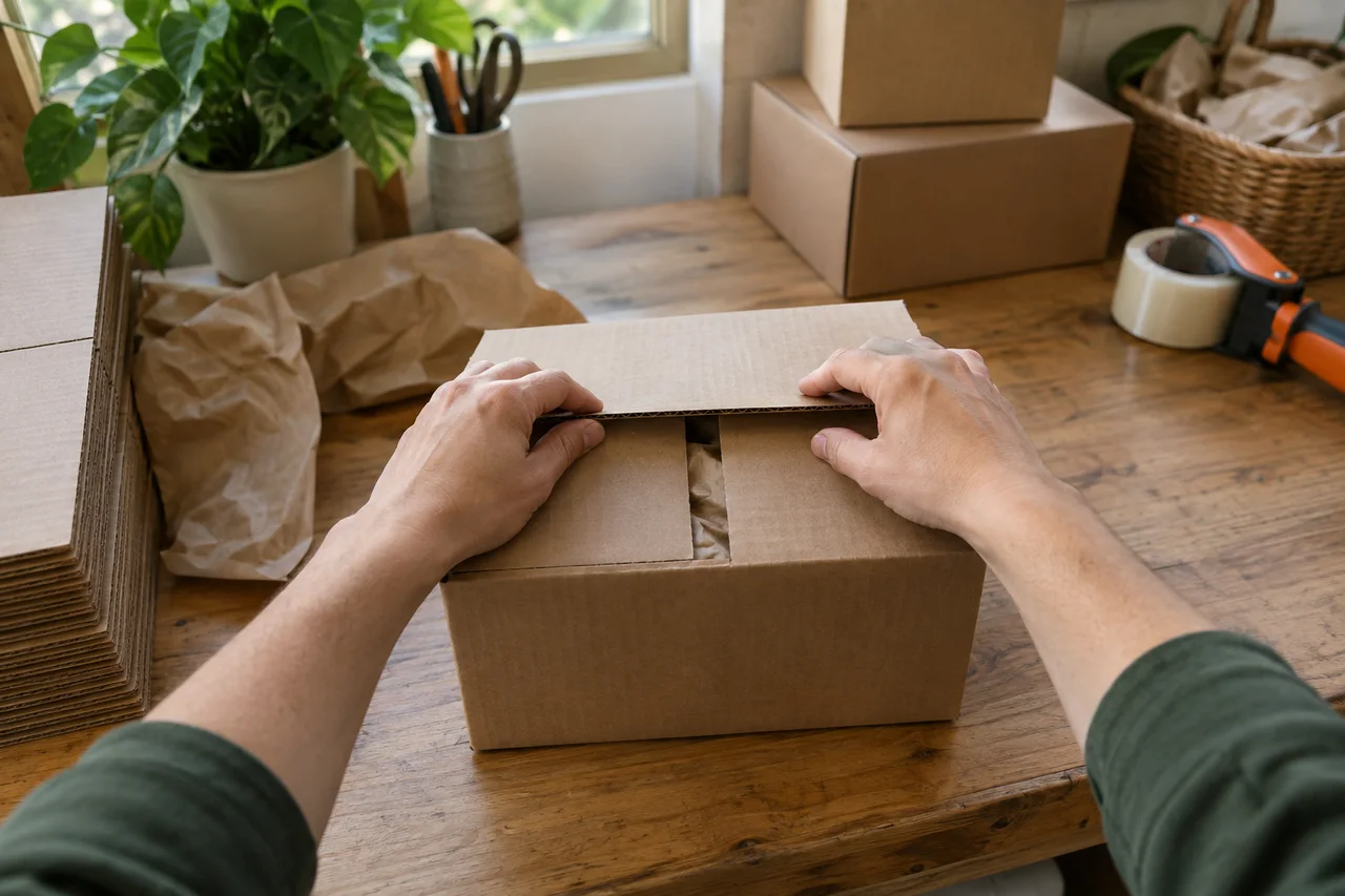 First-person illustration: hands fold a shipping carton at a packing bench.