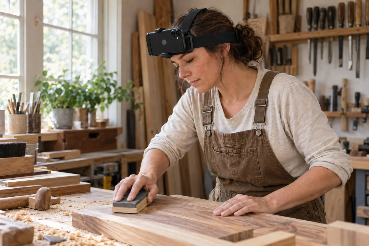 Illustrative setup: a woodworker wears a black iPhone 16 secured horizontally to a head strap.